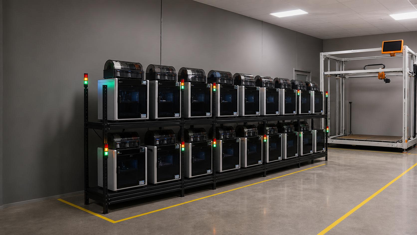Organized additive manufacturing production line with andon lights and 5S floor markings